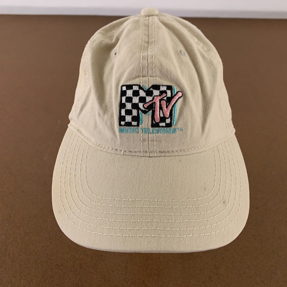 Adult One Size Tan Canvas MTV Colorful Retro Logo Strap Back Hat *Flaw